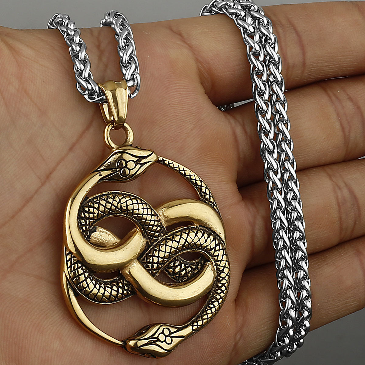 Mens Fashion Double Snake Staff Pendant Necklace