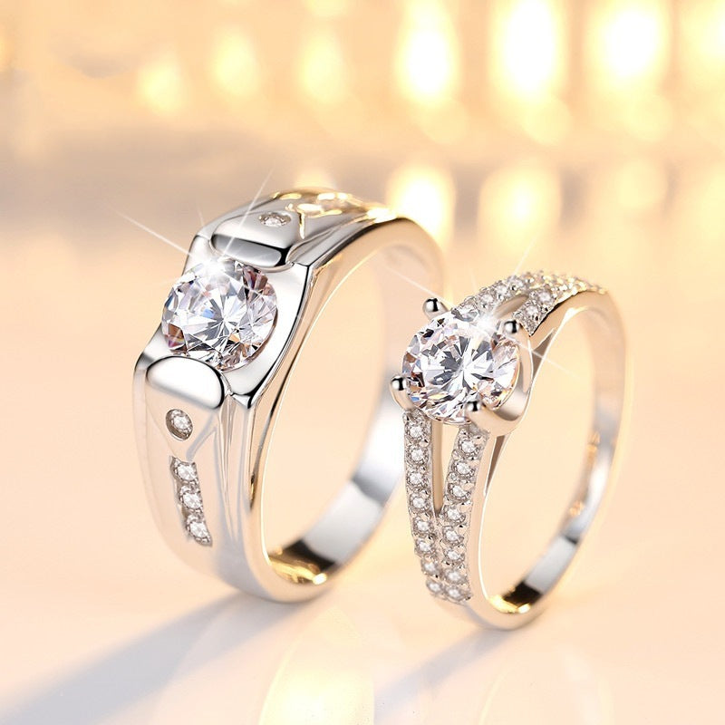 Diamond Romantic Couple Rings Men's Silver Plated Pair Rings