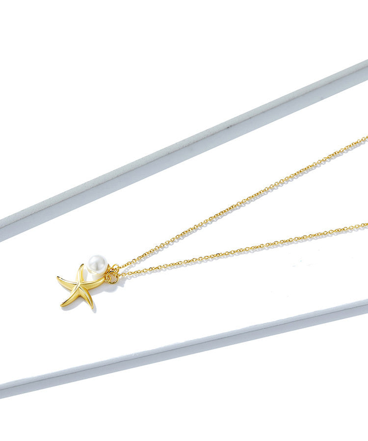 Starfish Necklaces BISAER 925 Sterling Silver Tropical Starfish Necklaces Women Summer Ocean Love Silver Jewelry Collar EFN106