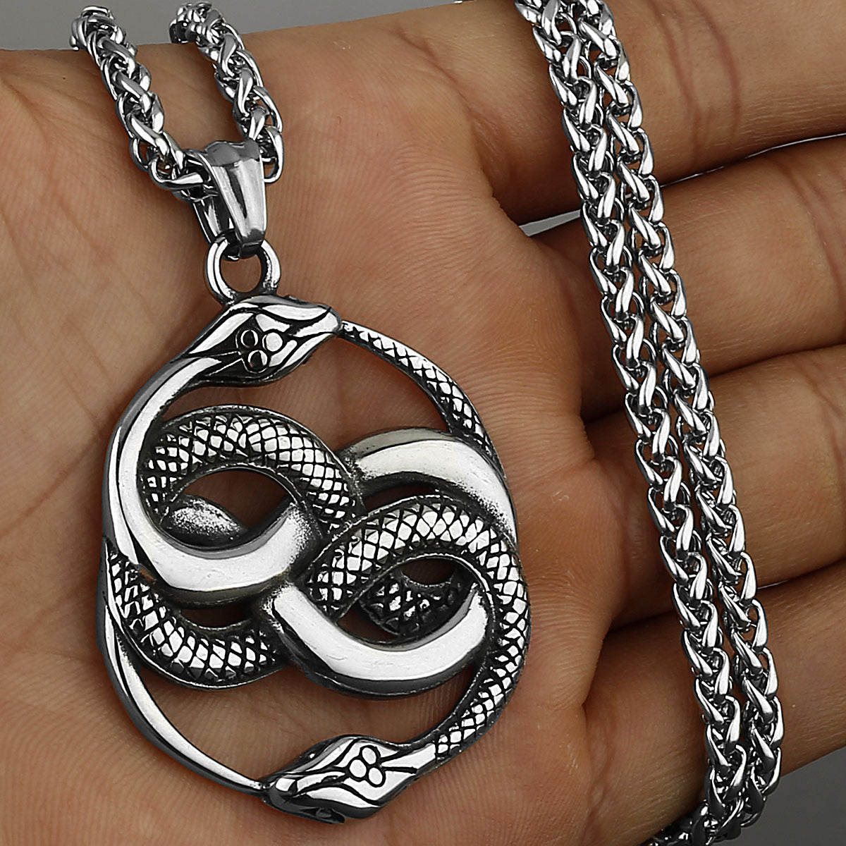 Mens Fashion Double Snake Staff Pendant Necklace