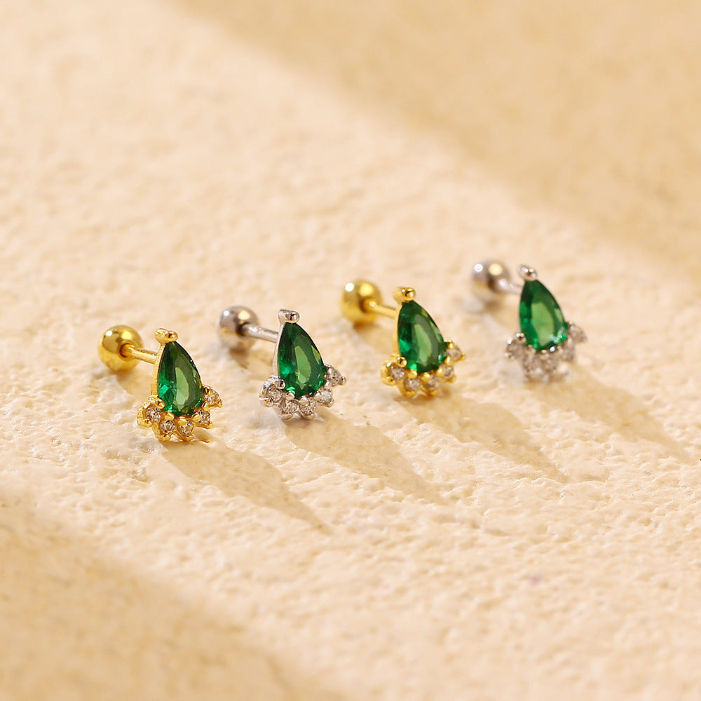 Ear Studs Silver Emerald Diamond Screw