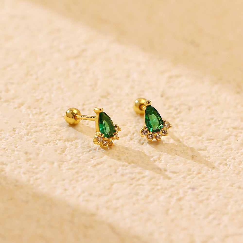 Ear Studs Silver Emerald Diamond Screw