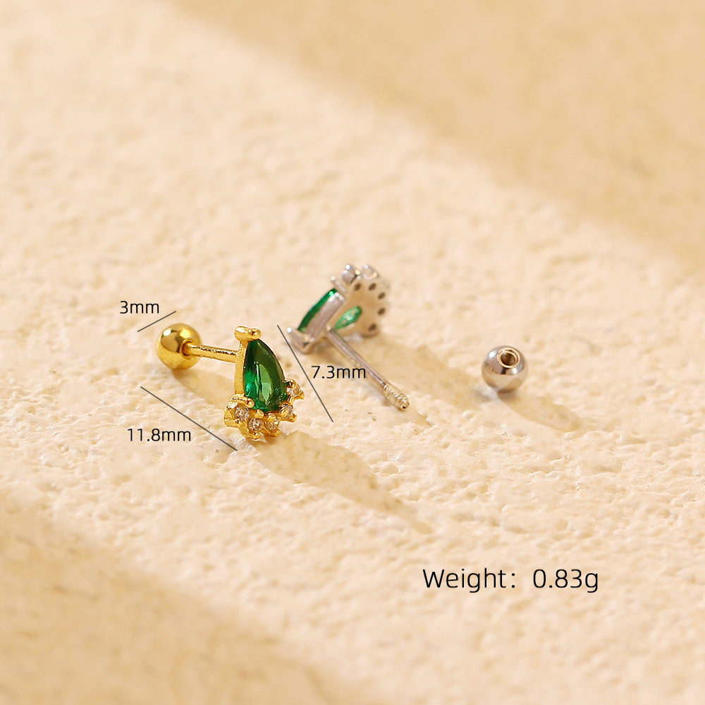 Ear Studs Silver Emerald Diamond Screw