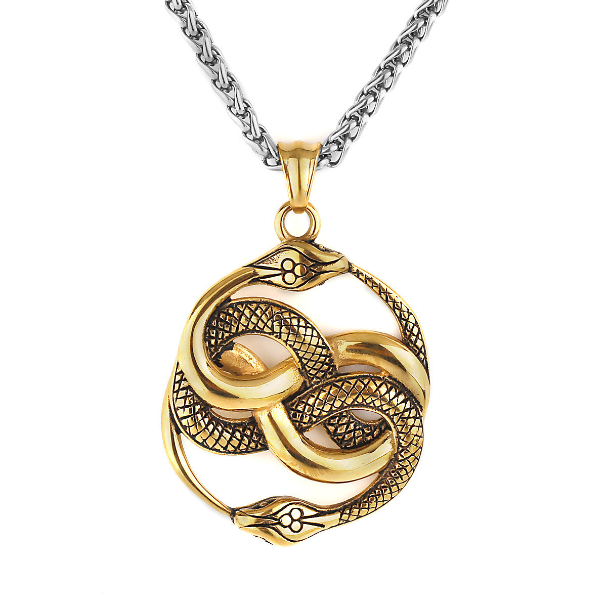 Mens Fashion Double Snake Staff Pendant Necklace