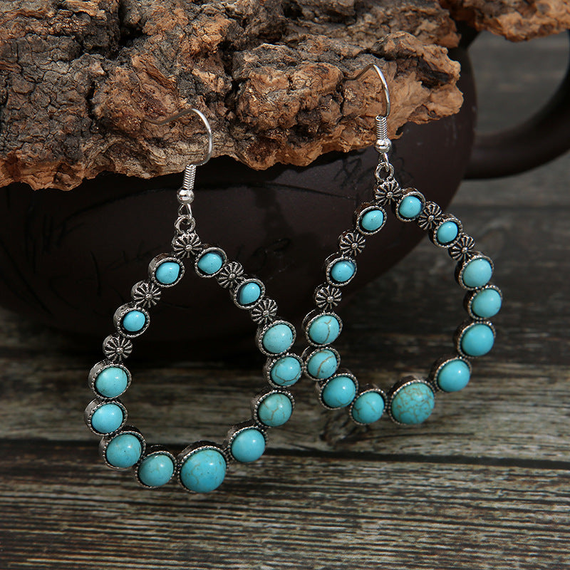 Geometric Hollow-out Drop-shaped Flower Turquoise Earrings