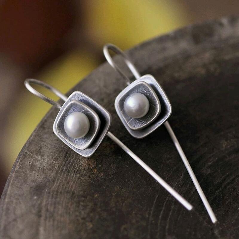 Geometric Square Distressed Pearl Earrings For Women