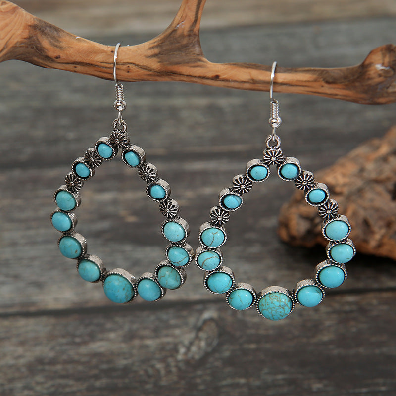 Geometric Hollow-out Drop-shaped Flower Turquoise Earrings