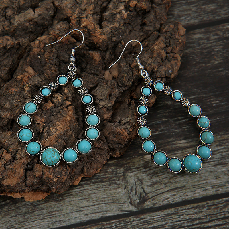 Geometric Hollow-out Drop-shaped Flower Turquoise Earrings