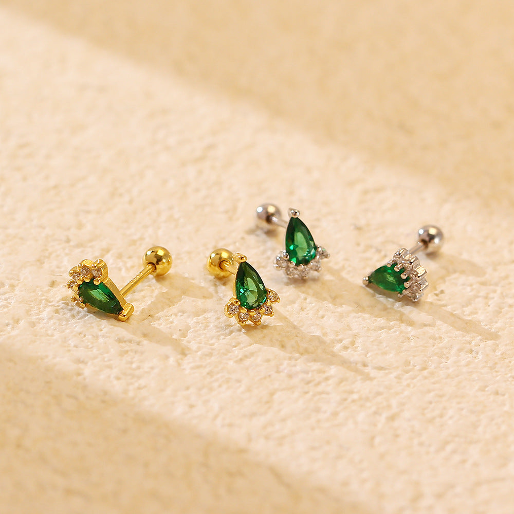 Ear Studs Silver Emerald Diamond Screw