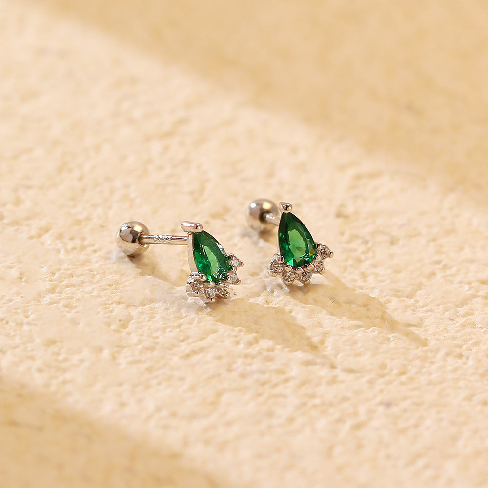 Ear Studs Silver Emerald Diamond Screw