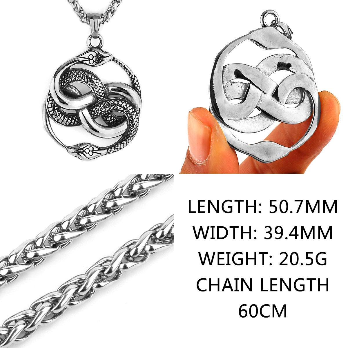 Mens Fashion Double Snake Staff Pendant Necklace