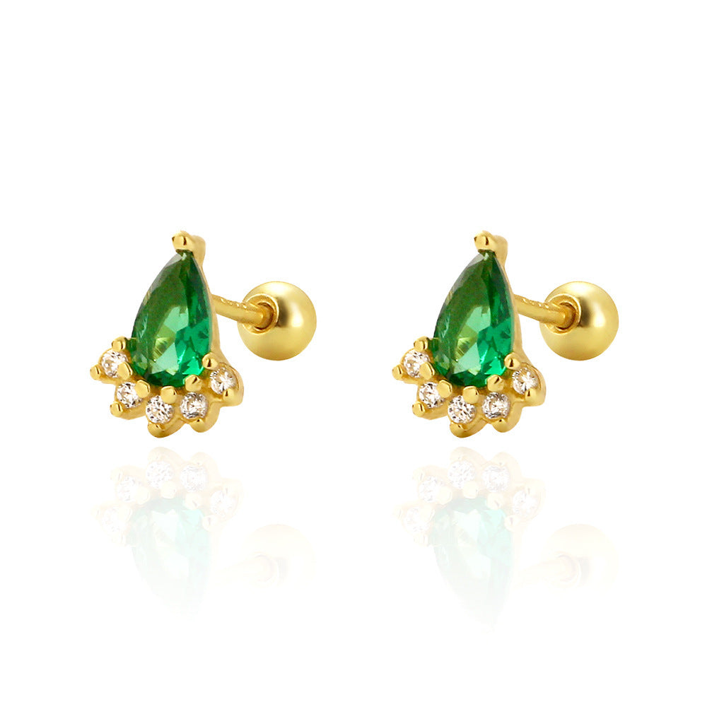 Ear Studs Silver Emerald Diamond Screw