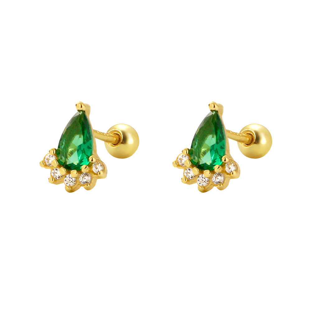 Ear Studs Silver Emerald Diamond Screw